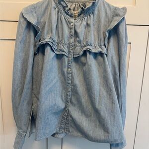 Isabel Marant Etoile Denim Frilly Blouse Pearl Buttons Size 38 Medium Shirt